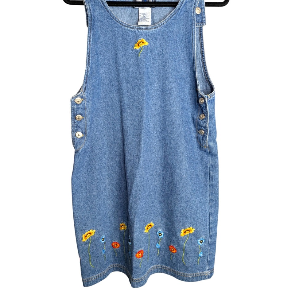 True Blue Vtg 90s Denim Floral Embroidered Jumper Dress Blue Small Star Buttons